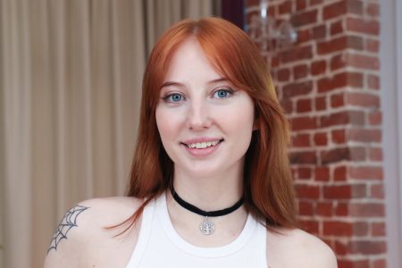 Redhead newbie Emma Korti tries double anal
